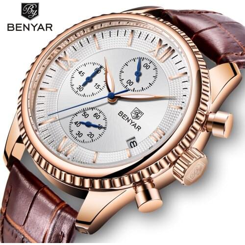 BENYAR Top Brand Luxury Mens Watch Fashion Sport Quartz Watches Mens Wristwatch Men Clock Leather Watches Men Relogio Masculino