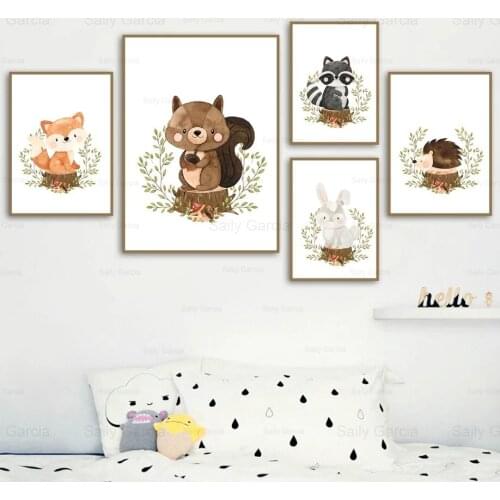 Cute Jungle Animals Poster Fox Squirrel Hedgehog Canvas Painting Wallpaper Nordic Art Print Picture Decorating Home Kids Room