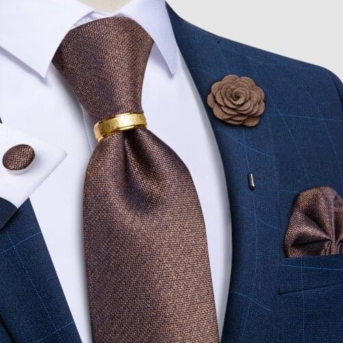 Classic Brown Solid Ties For Men With Tie Ring Brooch Pocket Square Cufflinks Mens Wedding Business Neck Tie Corbatas Gift Men