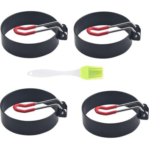 4 Pcs Round Egg Pan Ring Non-Stick Heat-Resistant Handle and Oil Brush Cooking for Baking Pan Fried Egg Pancake Sandwich