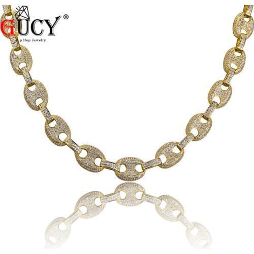 GUCY Hip Hop Mens Necklace Brass Gold/Silver Color Plated Micro Pave CZ Stones 11mm Oval Link Chain Necklaces For Gift 18"22"