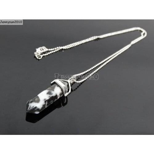 Natural Zebra Gems Stones Hexagonal Pointed Healing Reiki Chakra Pendant Beads Silver 17'' Chain Necklace 5 Sets/Pack