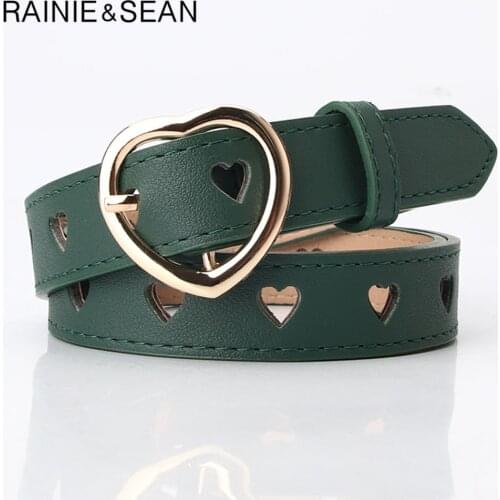 RAINIE SEAN Women Belt Hollow Out Loving Heart Ladies Waist Belt for Trousers Pin Buckle Leather Green Female Vintage Belt 105cm