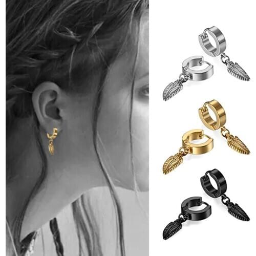 Hoop Earrings for Men Women with Feather Dangles Gold Black Silver Stainless Steel Hip Hop Punk kpop Earrings for Teen Girl Boys