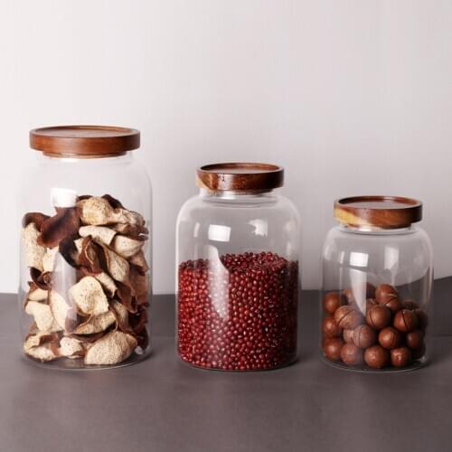 Wood Lid Glass Transparent Kitchen Storage Bottles Jars Food Container Grains Tea Coffee Beans Grains Candy Jar Containers