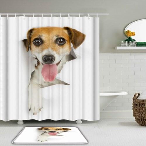 Cute Cat Dog Animals Shower Curtains Set Waterpoof Bathroom Curtains Bath Curtain Set Toilet Non-Slip Rug Mat for Bathtub Decor