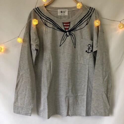 Women Long Sleeve T-Shirts Navy style Sailor Gray Cute Preppy Style Teens Girls Ladies Cartoon Panda Cat Tees Tops Spring Autumn