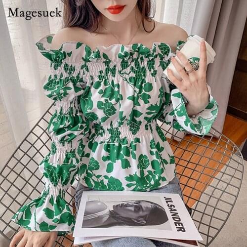 2021 Autumn New Sweet French Style Off Shoulder Floral Shirt Womens Short Chiffon Blouse Print Clothes Long Sleeve Tops 15999