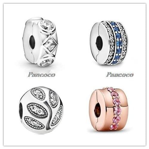 925 Sterling Silver Bead Charm Pave Clear & Blue Crystal Line Clip Charm Fit Pandora Women Bracelet & Necklace Jewelry