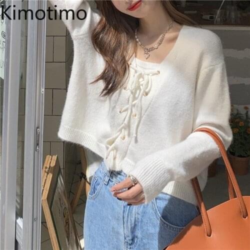 Kimotimo Solid Belt Sweater Women 2021 Autumn New V-neck Short Pullover Korean Fashion Design Long Sleeve Knitted Sweaters Ins