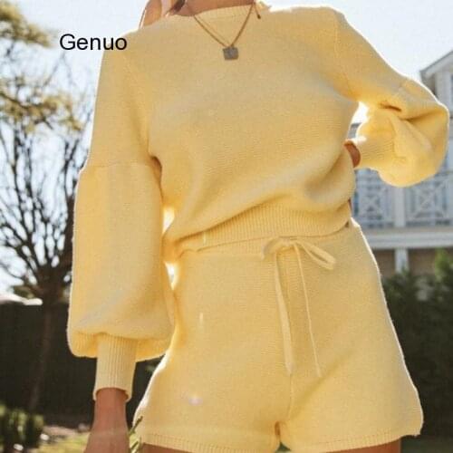 Autumn Winter Macaron Sweater Two Piece Sets Women Outfits Fashion Casual Matching Sets Knitted Top And Shorts