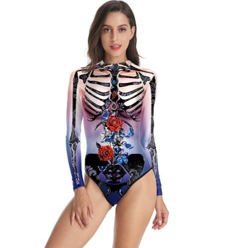 Swimwear Women 2021 One Piece Bodysuit Skeleton Printed Long-Sleeved Bathing Suit Women Sunscreen Womens Tight-Fitting Swimsuit