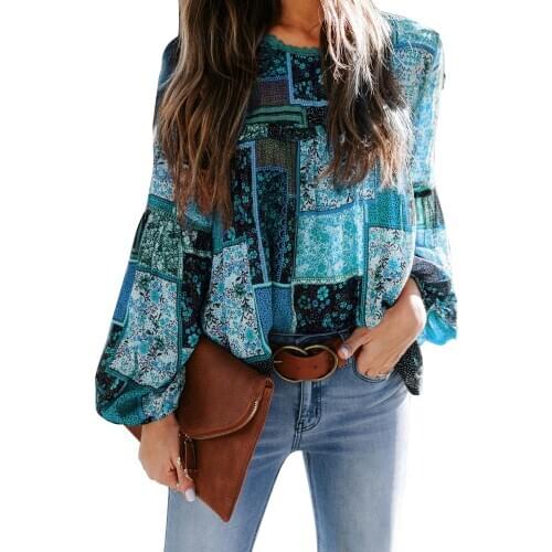 Blue/Multicolor Bohemian Floral Print Patchwork Top Women O Neck Long Sleeve Ruffles Detail Plus Size S-2XL Blouse Tops