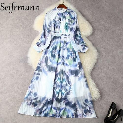 Seifrmann New 2021 Summer Women Fashion Runway Beach Holiday Long Dress Lantern Sleeve Ruffles Print Party A-Line Dress Vestidos