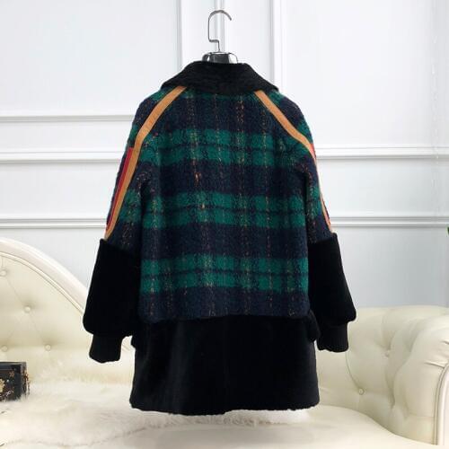 Women Real 2020 New Winter Plaid Sheep Shearling Coat Korean Oversize Fashion Natural Fur Coats Jackets K29022 KJ4820