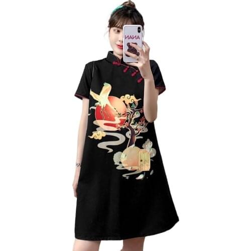 Plus Size M-4XL 2021 New Black Loose Fashion Modern Cheongsam Dress Women Short Sleeve Qipao Traditional Chinese Style Clothes