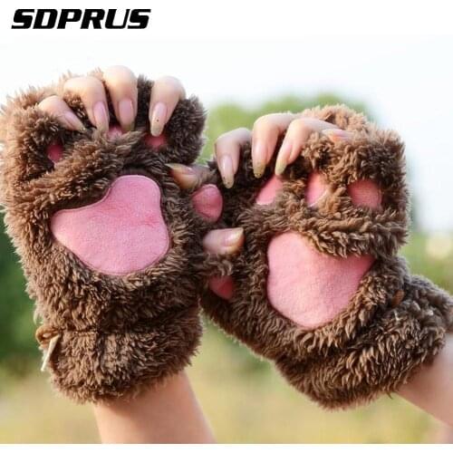 Winter Women Fingerless Gloves Fluffy Bear Cat Plush Paw Claw Half Finger Glove Half Cover Women Female animal paw Gloves Mitten