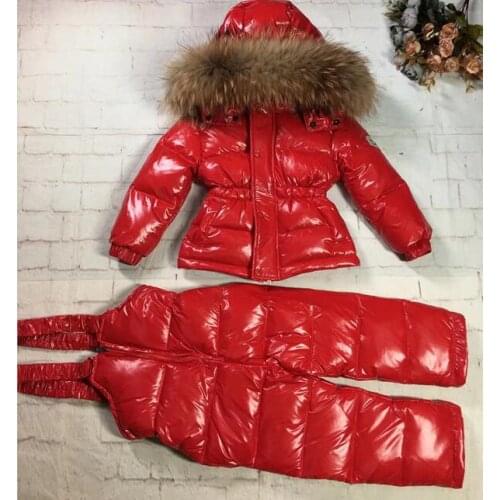 80cm -145cm 2019 Winter Jacket Children down jackets & PANT duck down Fur hooded girl snowsuit boy Suit set outerwear ski