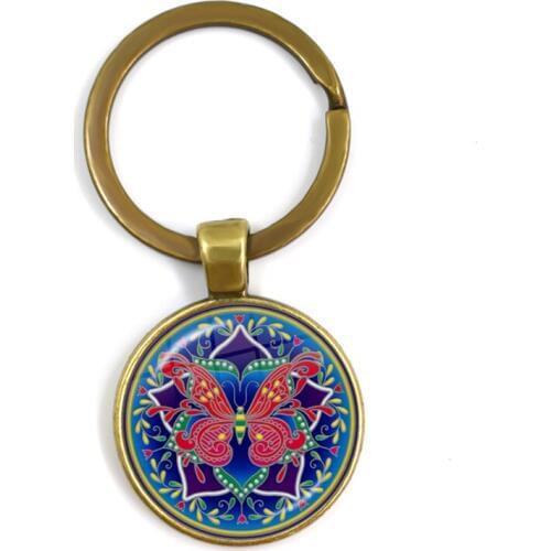 Mandala Flower Butterfly Keychains OM Symbol Buddhism Zen Picture Glass Cabochon Keyrings Vintage Jewelry Keyholder