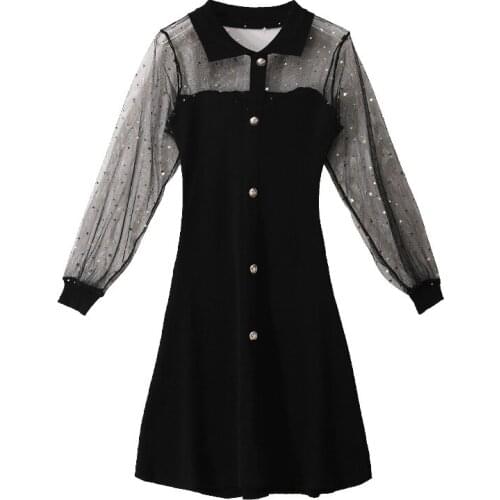 Black Sheer Mesh Kintted Dress Women Autumn Spring Elegant Fitted High Waist Mini Short Dresses EVenign Party Sexy Vestidos