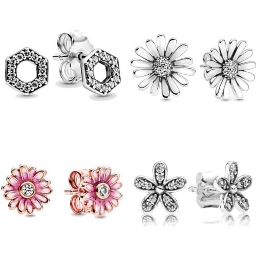 Spring Pink Daisy Flower Square Sparkle Honeycomb Hexagon Earring 925 Sterling Silver Earring Studs For Women Gift Jewelry