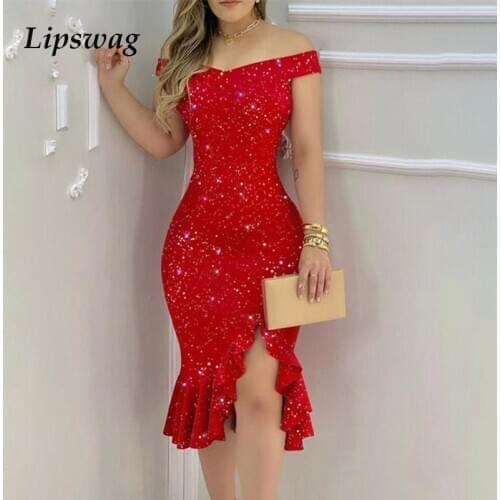 Elegant Glitter Party Club Dresses 2021 Spring Women Sexy Sleeveless Off Shoulder Bodycon Dress Ladies Slash Neck Ruffle Vestido