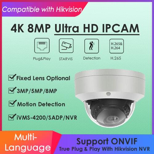 Hikvision Compatible IP 4K Vandal proof IPCamera PoE 8MP Built-in Mic H.265 IR Day&Night MotionDetect IP66 Video Surveillance
