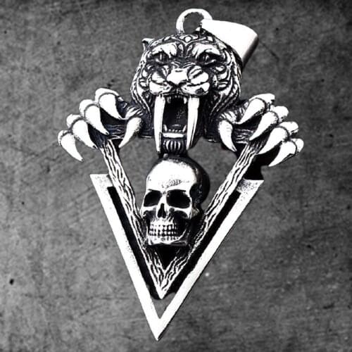 Stainless Steel Punk Gothic Tiger Tooth Skull Pendant Man Unisex Vintage Triangle Skeleton Jewelry