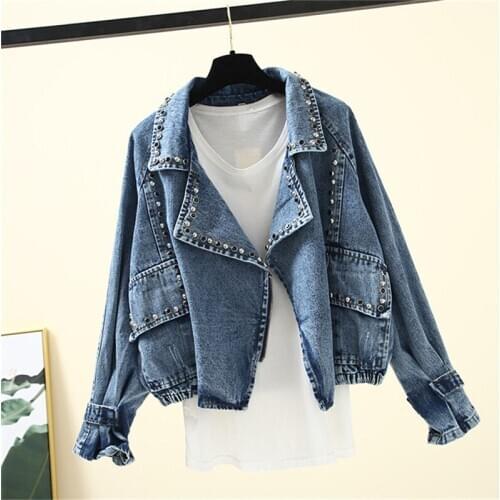 Womens Denim Jacket New Korean Loose Large Size BF Student Jacket Bead Vintage locomotive Cowboy Jacket Female Jeans Outerwear