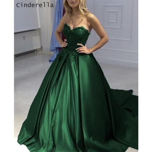 Cinderella Green Sweetheart Sleeveless Lace Applique Crystal Ball Gown Satin Evening Dresses Lace Up Back Prom Party Gowns
