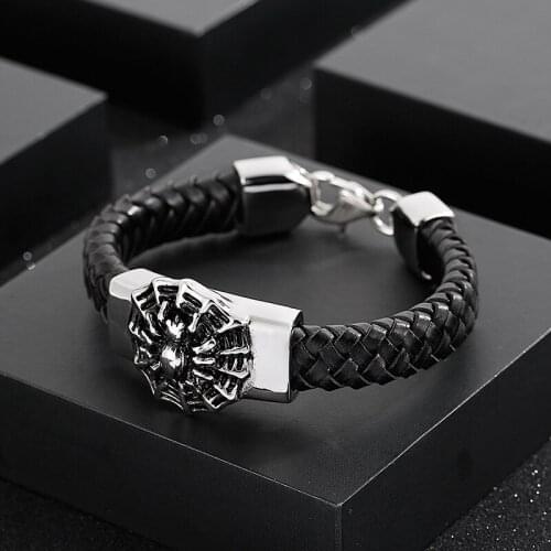 HaoYi 220MM Mens 316 Stainless Steel Spider Pattern Leather Punk Braided Bracelet