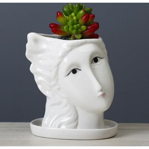 New Ceramic Girl Head White Flower Pot Simple Creative Desktop Succulents Plants Accessories Home Gardening Decoration Ornaments
