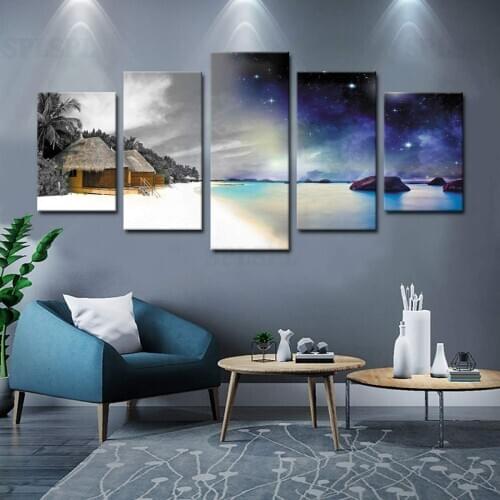 Huge Sea Canvas Wall Art Landscape Night Painting Print 5pcs Artwork Home Decor for Bedroom NO Framed