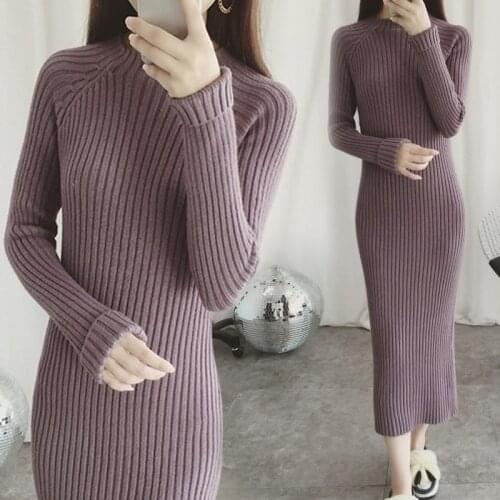 Autumn Winter Warm Dresses for Women Knitted Sweater Dresses Long Sleeve Long Dress Solid