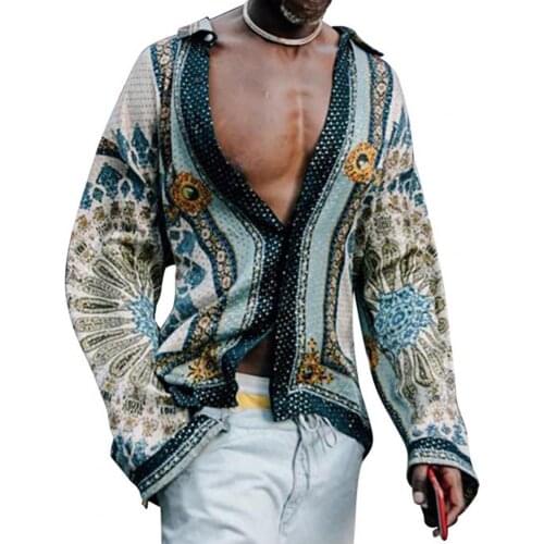 Summer Men Shirt Printed Buttons Summer COOL Long Sleeve Lapel Ethnic Style Loose Top Party Shirts Summer Hawaii Beach Oversize