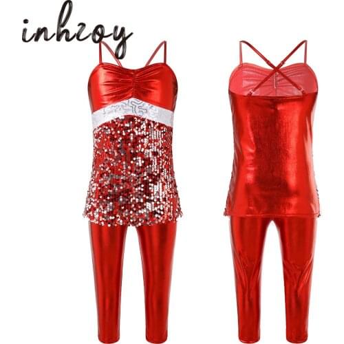 Shiny Sequins Modern Jazz Dance Costumes For Girls Kids Stage Performance Dancewear Sleeveless Dance Tank Vest Tops Leggings