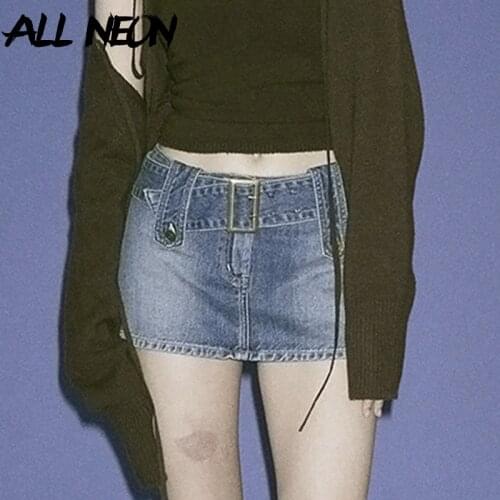 ALLNeon Grunge Punk Y2K Belted Denim Micro Skirts E-girl Streetwear Low Waist Blue Mini Skirt 90s Aesthetics Bottoms Women Chic
