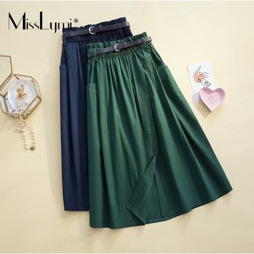 4XL Plus Size Women Pockets Split Sirkt Summer 2021 Fashion Elastic High Waist Solid Pleated A-line Midi Skirts Female With Belt