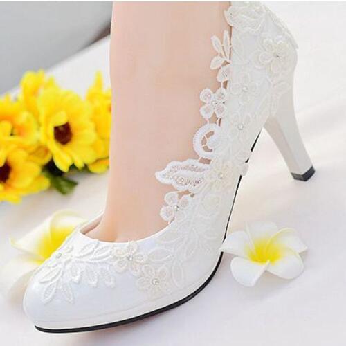 Ivory lace wedding womens handmade lace flower bridal party pumps shoes round toes slip on plus size ivory bride wedding shoe