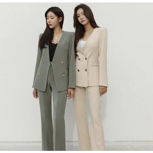 Spring and Autumn Womens Office Suit V-Neck Green Two-Piece Sets Female Blazer Girly Elegant Temperament Pantsuit Setup Ladies