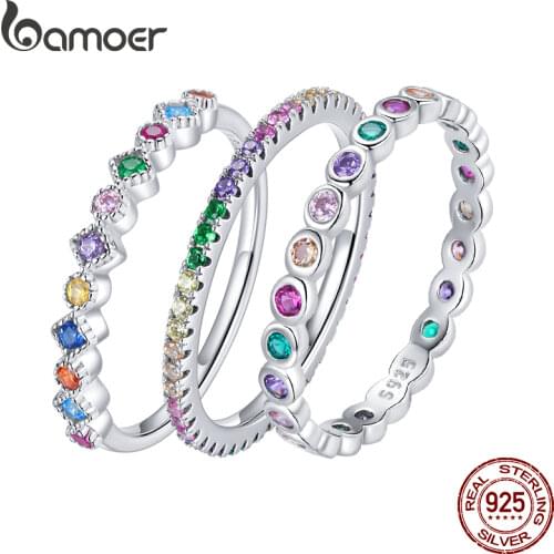 Bamoer Colorful Rainbow Lucky Zircon Finger Ring for Women Trendy Fashion Dazzling CZ Stone Anillos Jewelry Gift Bijoux SCR714