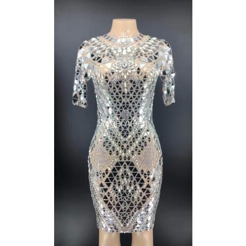 Women Sexy Sparkly SilverMirrors Mesh Sexy Dress Women Birthday Party Celebrate Rhinestones Dress Evening Sexy Dance Costume