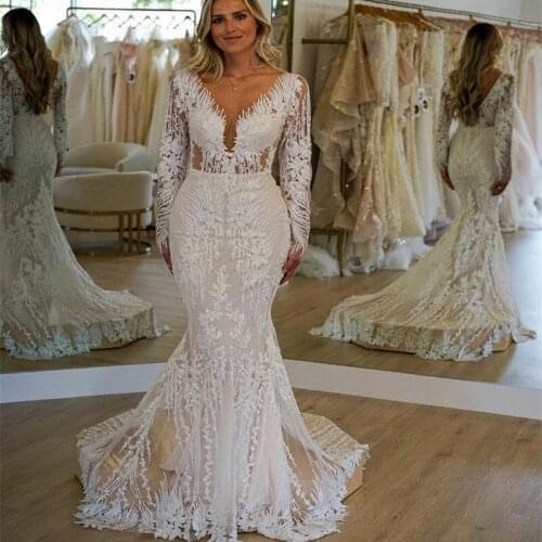Royal Elegant Long Sleeve Mermaid Wedding Dresses Appliqued Lace Beads V-neck Bridal Gown Ruched Tulle Sweep Train Vestidos De