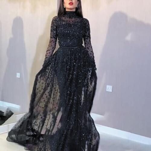 SuperKimJo Vestido De Festa High Neck Black Beaded Prom Dresses Long Sleeve Elegant Luxury Prom Gown Robe De Soiree 2021