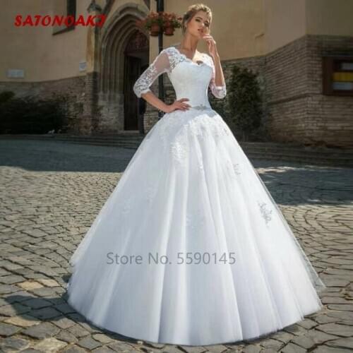 2020 Beach Vintage 3/4 Sleeve Wedding Dress Ball Gown V-Neck Lace White Princesa Bridal Vestido De Novia Undefined Online Shop