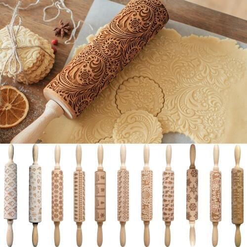 35cm Wood Christmas Embossing Rolling Pin Baking Cookies Biscuit Fondant Cake Dough Engraved Roller Stick Baking Pastry Tool