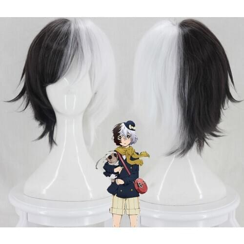 Bungo Stray Dogs Kyuusaku Yumeno Half Black and White Short Heat Resistance Synthetic Hair Anime Costume Cosplay Wigs+ Wig Cap
