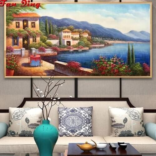 Diy diamond painting beach garden villa needlework cross stitch square drill decor embroidery crafts diamond mosaics