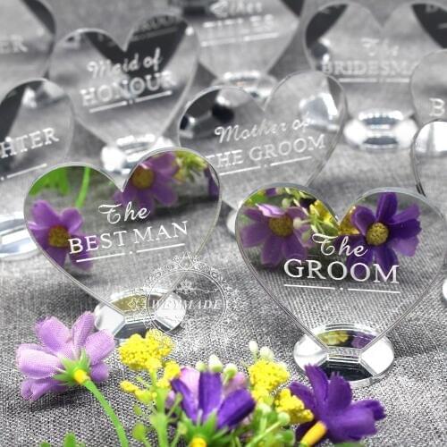 Custom Wedding Silver Mirror Place Setting Name Plaques Table Decorations Personalized Engraved Party Heart Place Card Decor