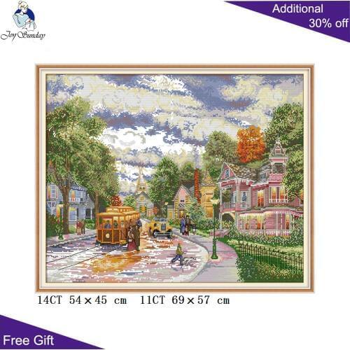 Joy Sunday Town Evening Needlework FA021 14CT 11CT Counted and Stamped City Street Embroidery DIY Cross Stitch Kits